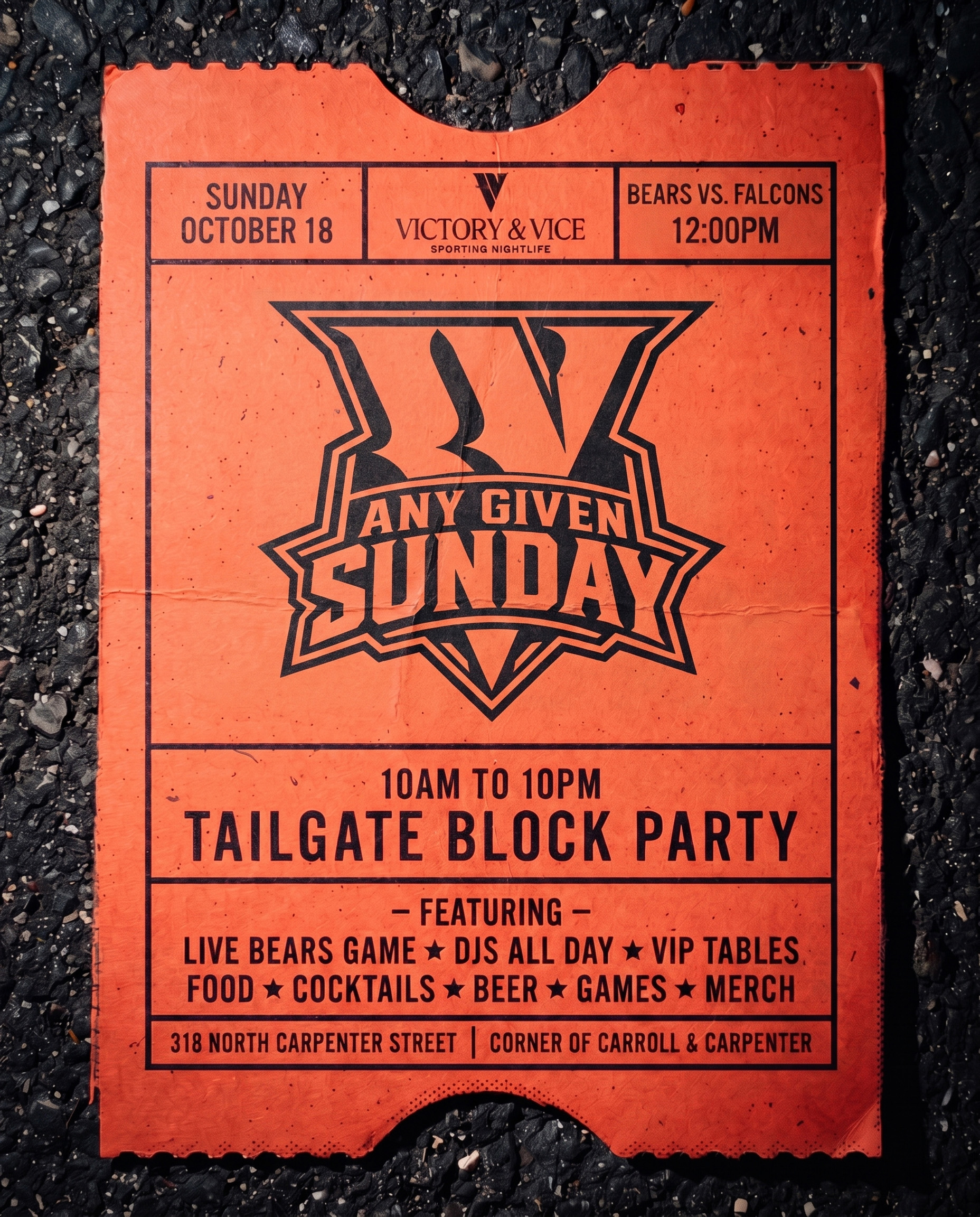 VICTORY & VICE: ANY GIVEN SUNDAY - BEARS VS. FALCONS TAILGATE BLOCK PARTY