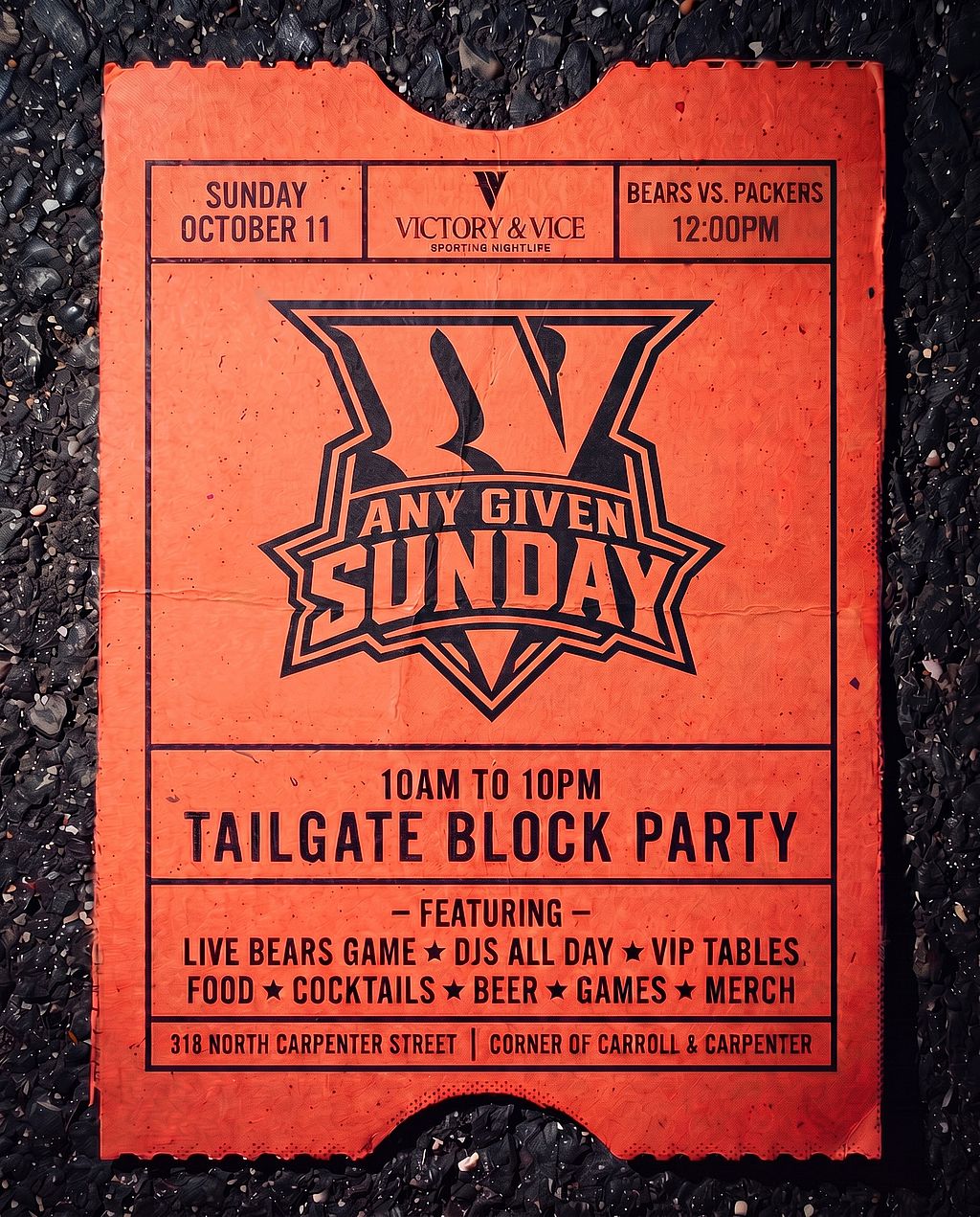 VICTORY & VICE: ANY GIVEN SUNDAY - BEARS VS. PACKERS TAILGATE BLOCK PARTY